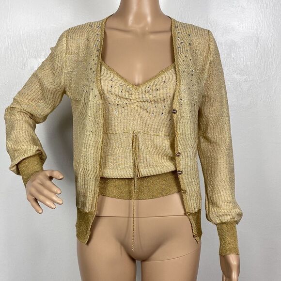 Societa Gold Color Metallic Threads Beaded Tank Top With Cardigan - Picture 4 of 12